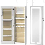 HOMCOM Schmuckschrank mit LED, abschließbarer Wand-/Tür-Organizer mit Ganzkörperspiegel, verschiedene Fächer, Aufbewahrungsmöbel für Ketten, Ohrringe, weiß   Aosom