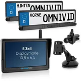 omnivid omniVID® Solar 6-Duo für vorn und hinten mit 2 Kameras, Premium Solar Rückfahrkamera-System mit Parksensoren, Kabellos 5 Zoll Monitor, zum Nachrüsten, Montage ohne Bohren. IP67 wasserdicht