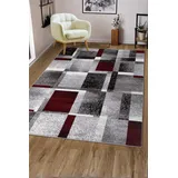 oKu-Tex Teppich Wohnzimmerteppich [160x230 cm] weicher Kurzflor grau rot kariert - Grauer Teppich für das Wohnzimmer - Carpet Living Room - geometrisches Patchwork Design - Deutsche Marke