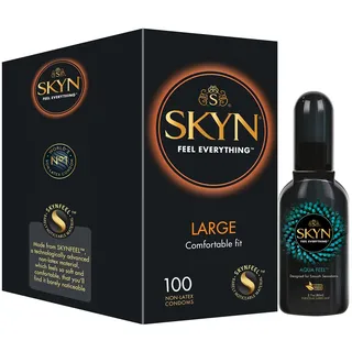 SKYN Large Kondome (100 Stück) & Aqua Feel Gleitgel (80ml) | Große Skynfeel Latexfreie Kondome für Männer, XXL Grösse Gemütlich Gefühlsecht Hauchzart, Wasserbasis Massageöl Sexöl, Stimulierend