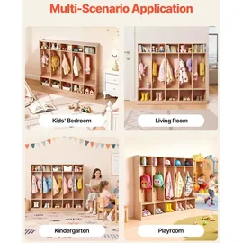 Vevor Offener Kinderkleiderschrank aus Holz, Kindergarderobe mit 10 Haken & 15 Fächern (5 Groß + 10 Klein), Garderobenregal & Aufbewahrungsregal für Kinderzimmer Zuhause Kindergarten Kita