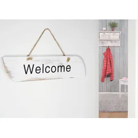 Mendler Wandschild Welcome, Dekoschild Holzschild, Shabby-Look 10x43x1cm ~ weiß
