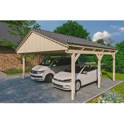 Doppelcarport SKANHOLZ "Fichtelberg", beige (natur), H: 574cm, Carports, mit Dachlattung