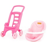 Polesie Puppenbuggy 2in1 Puppenwagen Set Pink Line Sportwagen Buggy mit Babyschale +12M rosa