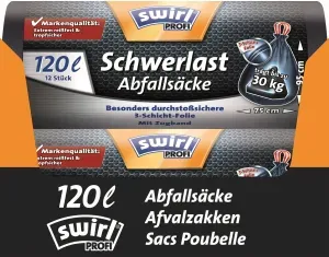 Swirl PROFI Schwerlast-Abfallsäcke, Extrem reißfest & tropfsicher durch stabile 3-Schicht-Folie, 1 Karton = 8 x 12 Stück = 96 Stück, Fassungsvermögen: 120 l