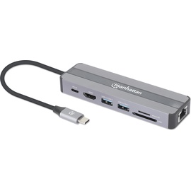 Manhattan USB-C 7-in-1-Dockingstation mit Power Delivery USB C), Dockingstation + USB Hub, Schwarz, Silber