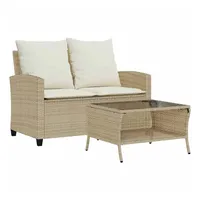 vidaXL Gartensofa 2-Sitzer mit Kissen & Tisch Beige Poly Rattan