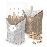 itenga Adventskalender 24x Tüten Geometrie Klammern Zahlen Schlicht Braun 1-24