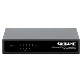 Intellinet Network Solutions INTELLINET 5-Port Switch Power over Ethernet - Gigabit PoE+ Injektor 240V, Passthrough, PoE+ Adapter mit 200m Reichweite, lüfterfrei & leise - Schwarz
