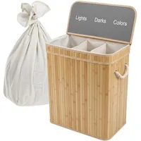 Relaxdays Wäschekorb mit Deckel, 3 Fächer, Bambus, 105 l, faltbar, HxBxT: 63 x 52 x 32 cm, Wäsche Sortiersystem, natur