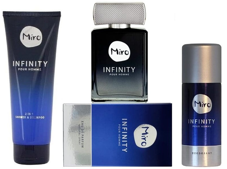 Miro INFINITY pour homme 3 tlg. p1 x Eau de Parfum Spray 75 ml + 1 x Deodorant Spray 24 h Schutz ohne Aluminium 150 ml + 1 x Bath & Shower Gel 250 ml