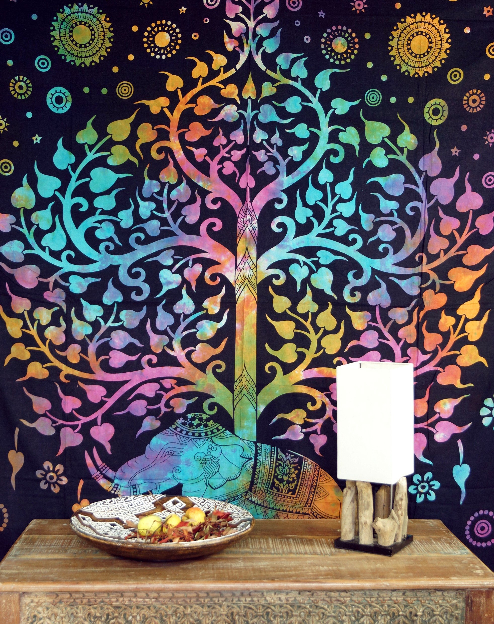 GURU SHOP Boho-Style Wandbehang, Indische Tagesdecke Lebensbaum - Tree of Life/Regenbogen, Mehrfarbig, Baumwolle, 200x130x0,2 cm, Bettüberwurf, Sofa Überwurf