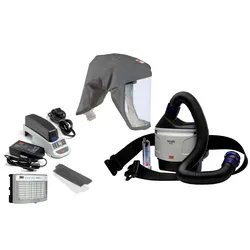 3M TR-315E+ Versaflo Starterpaket inkl. TR-302E, Zubehör und 3M Versaflo Einweg-Leichthaube S333LG mit integrierter Kopfhalterung, grau, robustes, knisterfreies und fusselarmes Material, Grösse M/L Material: Ventflex