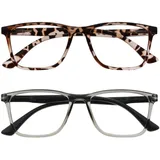 OPULIZE NYX Blaulichtfilter Lesebrille für Damen Herren - Blendfreie UV400-Schutz Federscharnier Anti-Müdigkeit - 2er-Pack - Rechteckiger Rahmen - Braun Grau - + 1,00