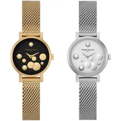 Pierre Cardin Damen Armband-Uhr Ziffernblatt mit silbernen Kreis-Details analoge Quarz-Uhr mit Edelstahl-Armband 3ATM 28mm CCM.050 Silber oder Gold - 