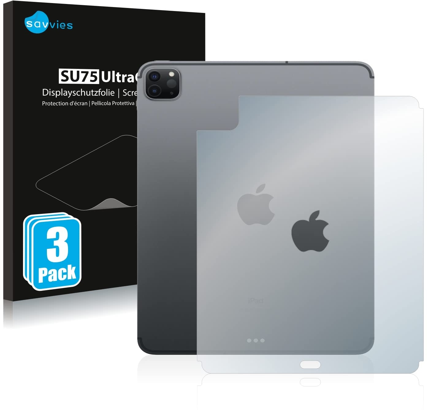 Savvies 3 Stück Schutzfolie für Apple iPad Pro 11" WiFi Cellular 2020 (Rückseite, 2. Gen.) Displayschutz-Folie Ultra-Transparent