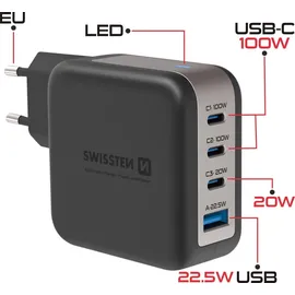 Swissten Swissten, GaN Travel Charger 100W 3x USB-C + USB-A schwarz