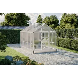OUTFLEXX Flora Gewächshaus, silber, Aluminium, 310 x 190 x 200 cm, robust, korrosionsbeständig, witterungsbeständig, Spitzdach
