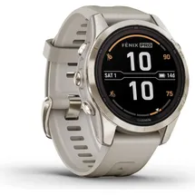 Garmin fenix 7S Pro Sapphire Solar beige/softgold mit Silikonarmband hellgrau