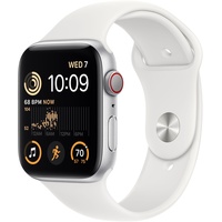 Apple Watch SE 2022 (GPS + Cellular) 44mm silber mit Sportarmband weiß (MNQ23FD)