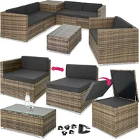 tectake Polyrattan Sitzgruppe mit Aufbewahrungsbox für Polster, Tisch mit Glasplatte, frei zu gruppierendes Gartenmöbel Set, Rattan Lounge für den Garten – Balkonmöbel, Balkonmöbel Kleiner Balkon