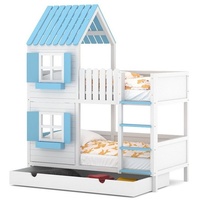 Siblo Etagenbett Etagenbett Haus ANNDY DFP mit Schublade - Etagenbett in Hausform - Etagenbetten - Kinderbetten - Massivholz - HDF - Kinderzimmer (Etagenbett mit Schublade), Ohne Matratze blau 90 cm x 200 cm x 234 cm