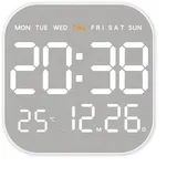 CWOQOCW Digitale Wanduhr, Metall, gebürstet, quadratisch, LED-Wanduhr mit Multifunktionsanzeige, Temperatur und Datum, USB-betrieben (weiß)