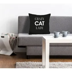 Dekokissen QUEENCE "Crazy Cat Lady", schwarz (schwarz, weiß, bedruckt), B:40cm L:40cm, Polyester, Dekokissen_Sitzkissen_Kissenhüllen, Kissenhülle,Crazy Cat Lady,Spruch,Schwarz,Weiß,Lustig,Katzenliebhaber