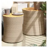 vidaXL Garten-Beistelltische 2 Stk. mit Holzplatte Beige Poly Rattan