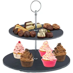 Relaxdays Etagere, 2 Etagen, Schiefer, Kuchen, Snacks, Obst, Metallgriff, Servierständer, HxD 23x25 cm, anthrazit/silber