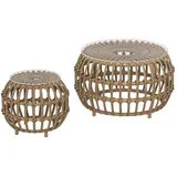 Outsunny 2er Set Beistelltisch Polyrattan Ø66/42 cm rund wetterfest Gartentisch mit Glasplatte Outdoor Balkontisch Couchtisch Gartenmöbel für Garten, Balkon