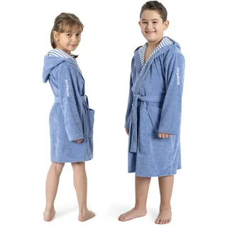 KangaROOS Kinderbademantel KANGAROOS "Dalia, Ideal für Zuhause, Schwimmbad oder im Urlaub" Gr. 152, blau, L:102cm, Veloursfrottier, Hausmäntel, Uni-Farben mit Streifen