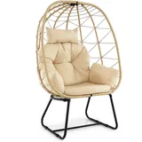 COSTWAY Korbsessel Rattan, übergroßer Loungesessel mit abnehmbarem Kissen & Metallgestell, Gartensessel Beige - Beige/Schwarz