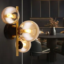 GLOBO Deckenleuchte Wohnraum Deckenlampe Design schwarz messing Kugellampe Glas LED Wandleuchte Innen, Glaskugel amber, 3 flammig G9, 3x 3,5W 3x350 lm, 3000K, LxBxH 28x21x19 cm