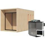 Woodfeeling Karibu Design Saunahaus Miramar mit Vorraum - 73 mm naturbelassen Inkl. Terrasse 9 kW Bio-Kombiofen inkl. Steuergerät inkl. 8-teiligem gratis Zubehörpaket (Gesamtwert 191,92€)