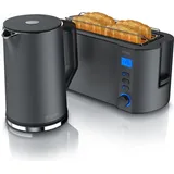 Arendo 2-teiliges Frühstücks-Set, Langschlitztoaster 4 Scheiben & Edelstahl Wasserkocher 1,5L, Grau