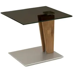 Vierhaus Beistelltisch Platte Parsolglas, stufenlos höhenverstellbar, Wange Wildeiche massiv, Bodenplatte edelstahlfarbig lackiert, rollbar