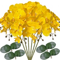 FagusHome 6 Stück künstliche Phalaenopsis Orchideen Blumen mit 4 Bündeln Künstliche Orchidee Blätter für Deko (Gelb)