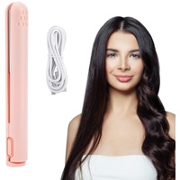 Mini Lockenstab Tragbarer, Doppelzweck Lockenwickler Klein, USB Wiederaufladbarer Mini Lockenstab Kurze Haare, Mini Glätteisen Kabellos, Reise Glätteisen Mini Haar Lockenstab für Reisen (Rosa)