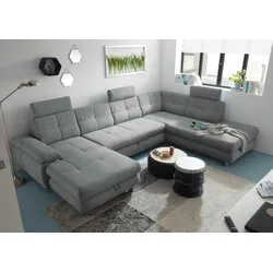 Wohnlandschaft ED EXCITING DESIGN "Alba U-Form", grau, B:349cm H:88cm T:233cm, 100% Polyester, Sofas, mit Bettfunktion, Bettkasten, Kopfstützen, Armteilverstellung