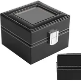 Uhrenbox SchmuckkÄstchen, Uhrenbox mit 2 Fächern, Uhrenkasten mit Glasdeckel, Uhrenkoffer mit herausnehmbaren Uhrenkissen, Metallverschluss, Premium-Uhrenschatulle, PU-Bezug in Schwarz