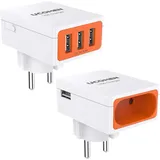 UCOMEN USB Ladegerät 3.4A USB Ladeadapter 3 Ports, Steckdose mit USB 2.1A 2 Ports und Fach Socket - 2Pack