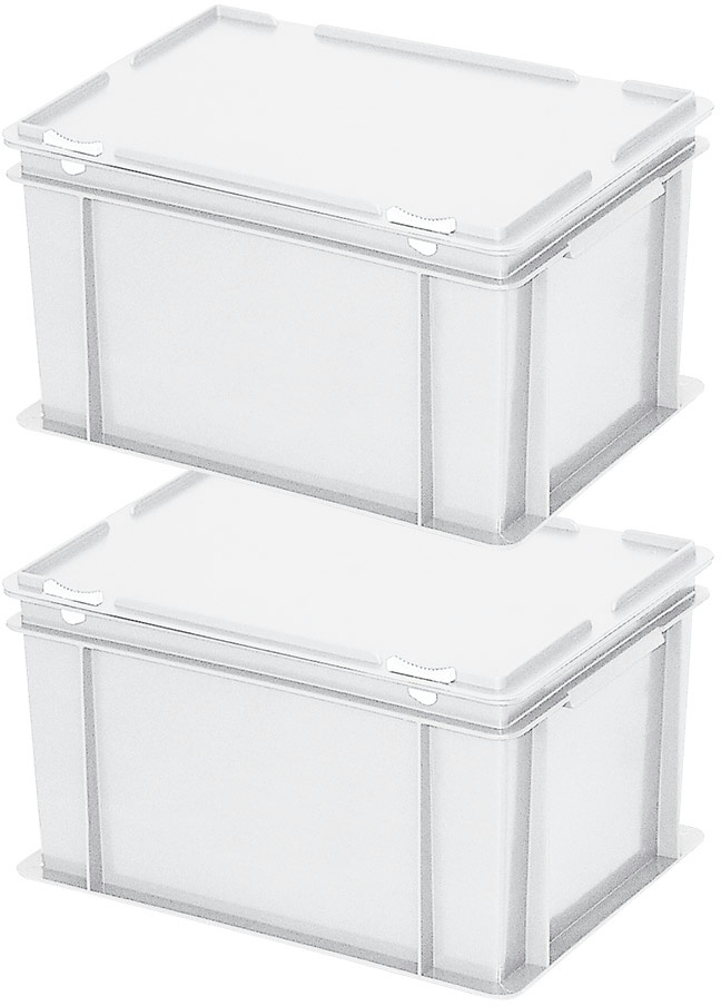 2 Euroboxen mit Deckel, LxBxH 400x300x230 mm, 21 Liter, weiß