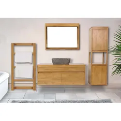 Teak-Badezimmer-Set MCW-M71, Waschtisch Hochschrank Wandspiegel Handtuchhalter Waschbecken, hochwertiges B-Grade-Teak