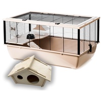 Großer Hamsterkäfig für Nagetiere + Holzhaus ca. 80 cm Hochwertig mit Holz Zubehör Nagerkäfig Haustier Kleintiere