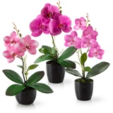 PASCH® Kunstblumen im Topf (35cm) - 3er Set Orchideen künstlich abgestimmtes Arrangement in Hochglanz-Keramiktöpfen, Deko Blumen künstlich, künstliche Orchideen (Rosé-Arrangement)