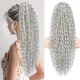 Flufymooz Ponytail Extension, 66 CM Bohemian Style Drawstring Ponytail Hair Extensions für Frauen, lange lockige Wellenschwanz natürliches synthetisches Haarstück(Grau/Silber/Weiß gemischt)