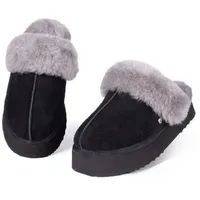 RAIKOU Damen-Pantoletten aus Lamm- und Schafsfell mit Plateau Plüsch Hausschuhe (2,8 cm hohen Plateauabsatz) Memory-Schaum-Lammfell schwarz 39