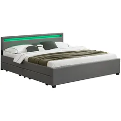 Juskys Polsterbett Lyon 180x200 cm mit Lattenrost, Bettkasten & LED Beleuchtung - grau