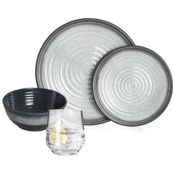 Moritz Geschirr-Set Camping Geschirr Stone Grey, Melamin, 12 – 28 tlg, Geschirrset Campinggeschirr Picknick Set 4 Personen grau|weiß